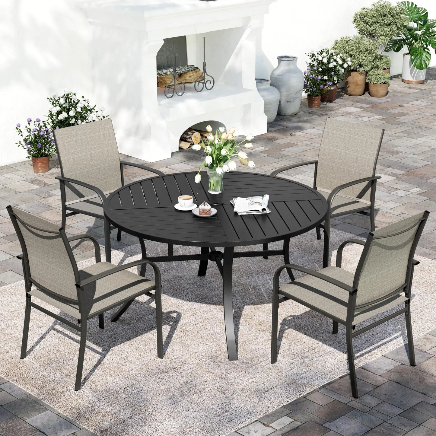 Outdoor Patio Dining Set (5/9/10‑Piece) – Square Table with Umbrella Hole & Metal Brown Chairs
