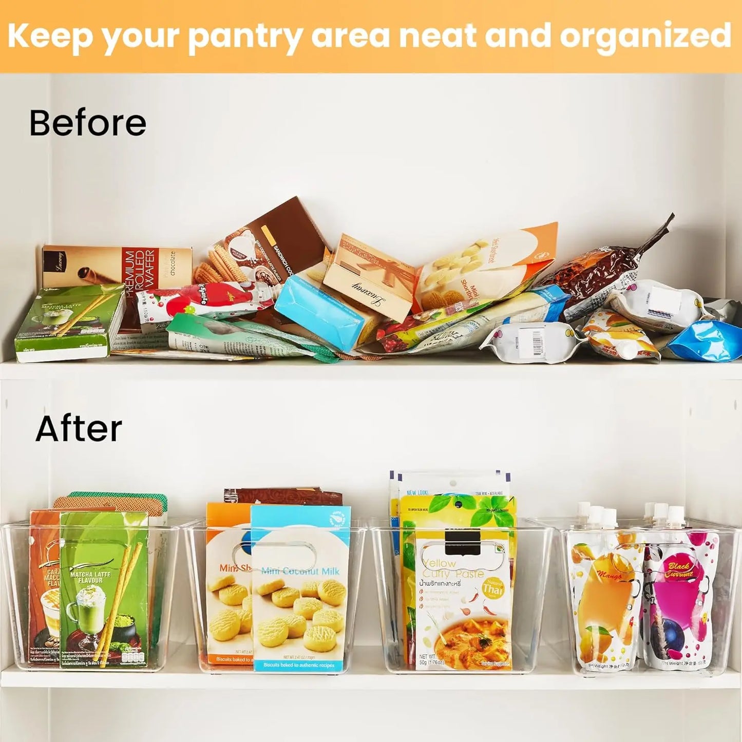 6 Pack Clear Pantry Organizer Bins, Plastic Containers with Handle