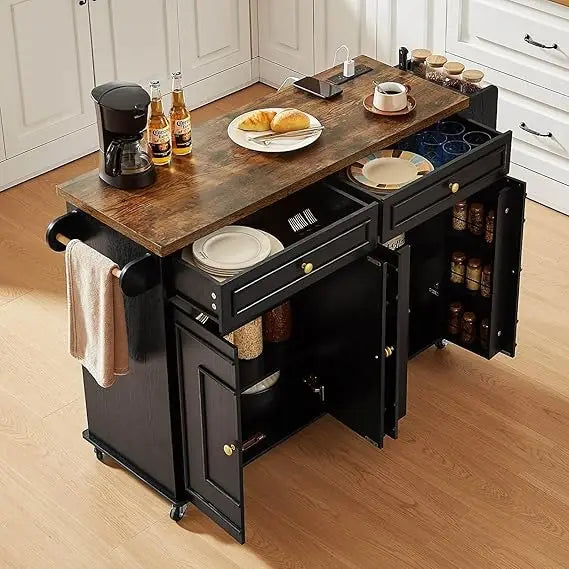 58" Mobile Kitchen Island with Power Outlet, Drawers and Cabinets