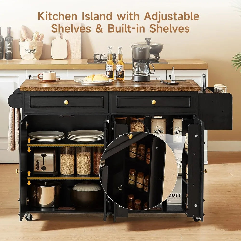 58" Mobile Kitchen Island with Power Outlet, Drawers and Cabinets