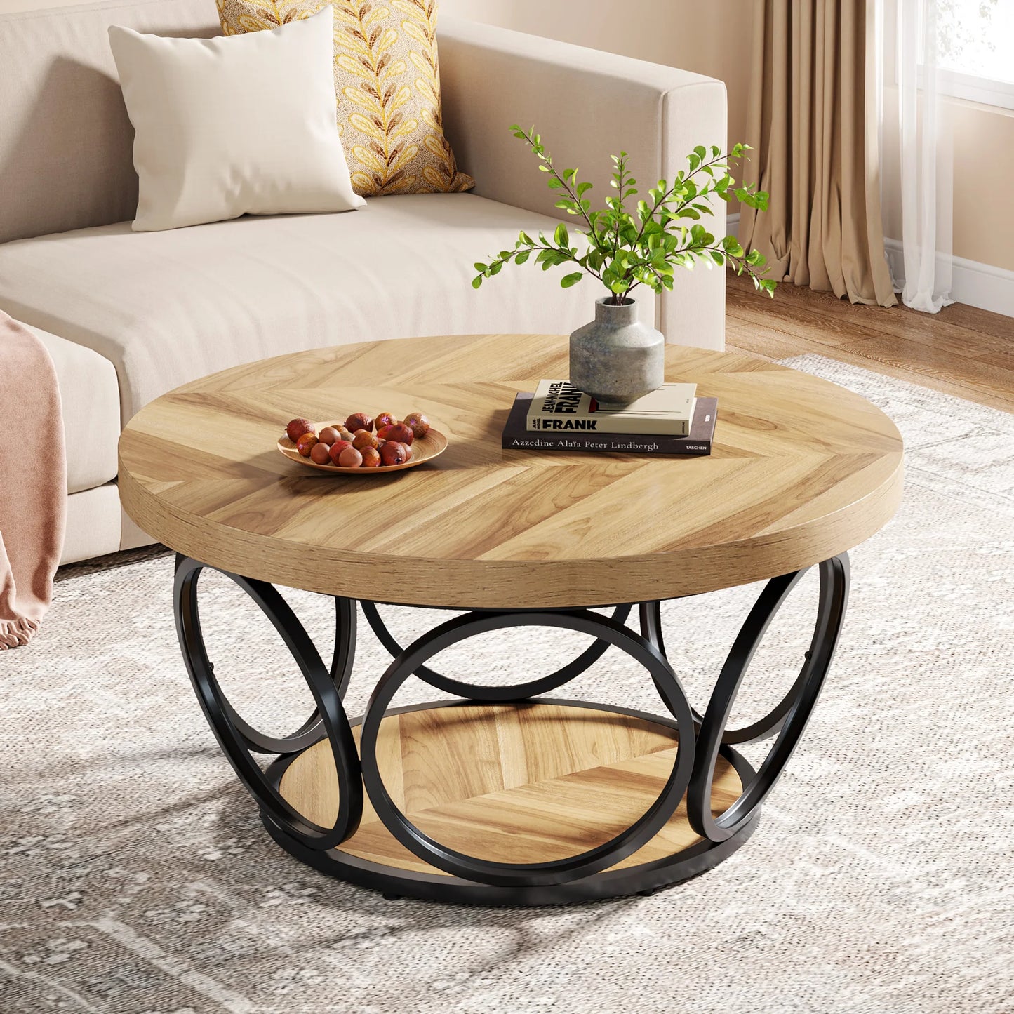 31" Round Coffee Table, Industrial 2-Tier Table with Storage Shelves