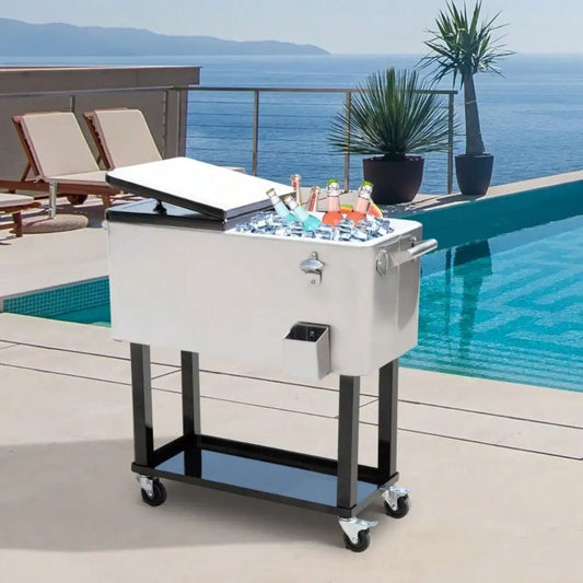 80QT Rolling Patio Cooler – Outdoor Party Ice Chest & Beverage Cart with Wheels