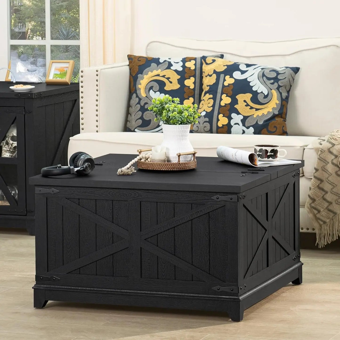 Farmhouse Square Coffee Table with Hidden Storage