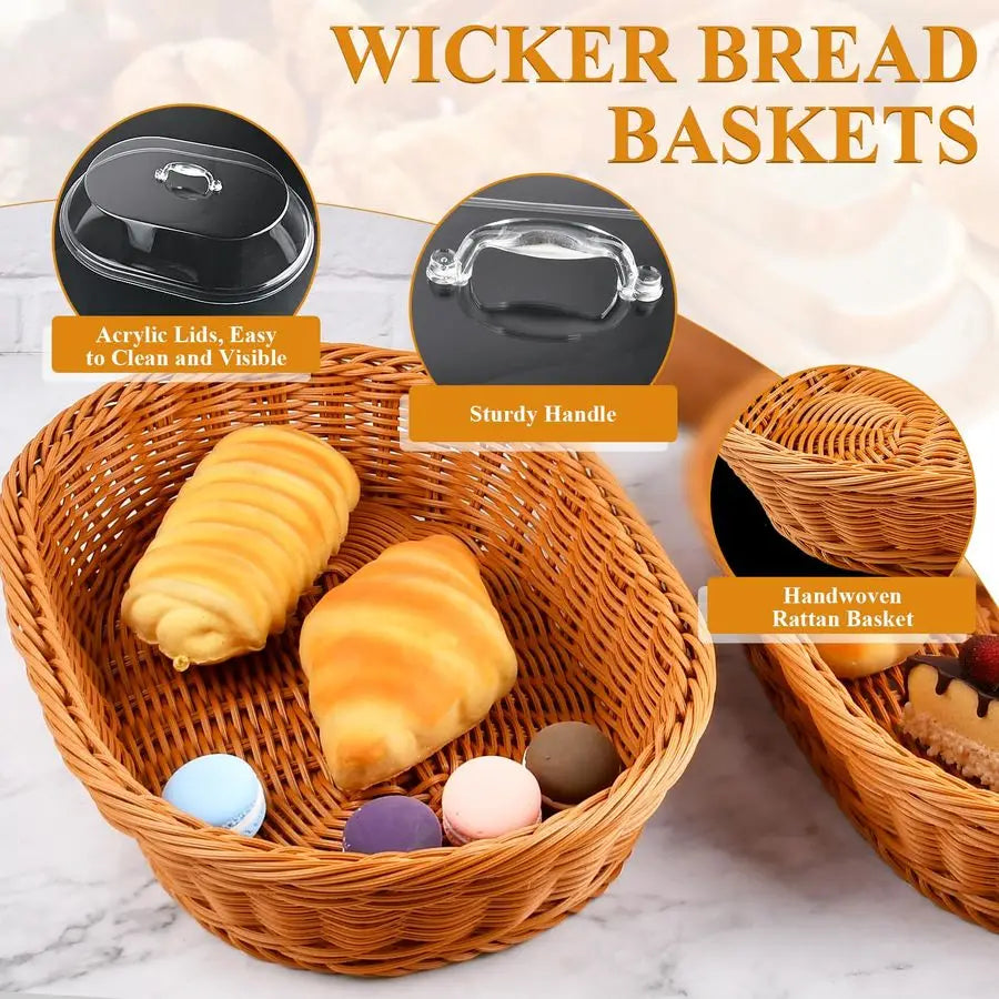 2 Pack Wicker Bread Basket with Acrylic Lid, Imitation Rattan Bread Basket, Oval Woven Fruit Basket with Cover for Food or Vegetables