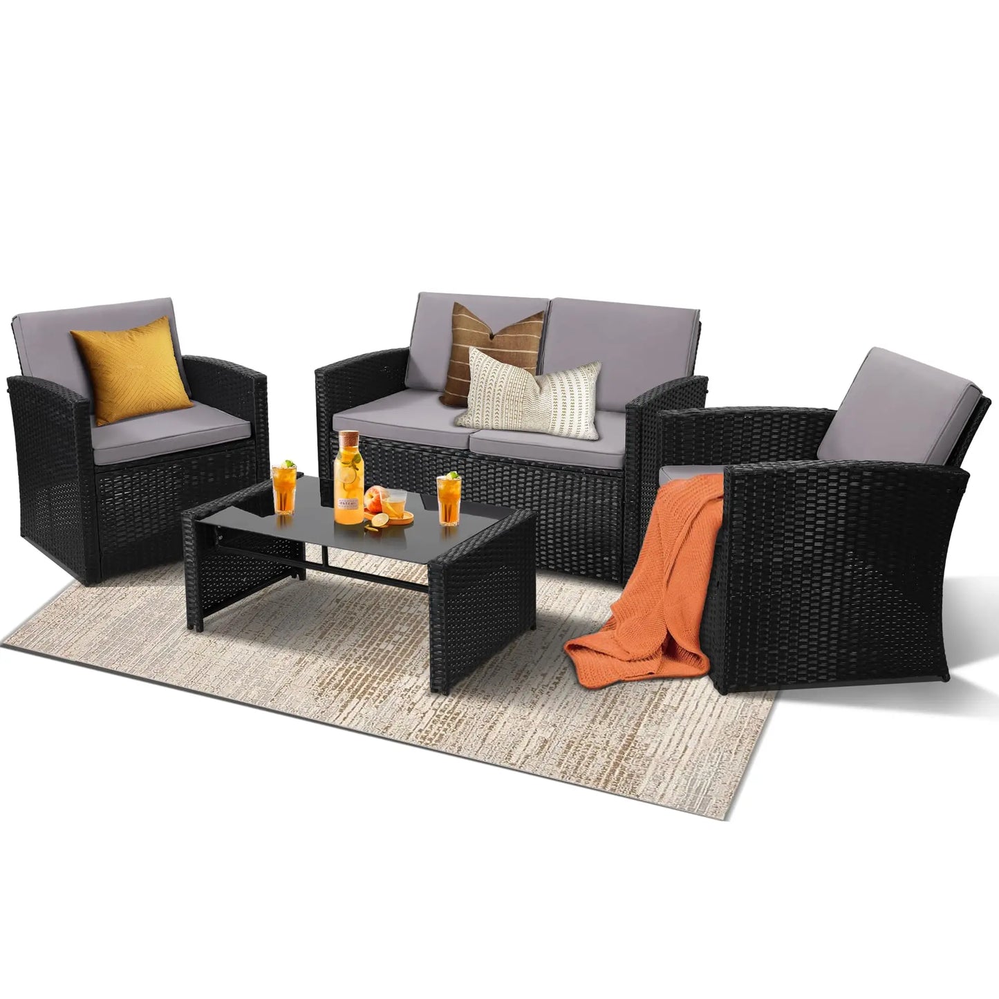 4‑Piece All‑Weather Rattan Sectional Sofa – Outdoor Patio Furniture Set with Cushions & Tempered Glass Table