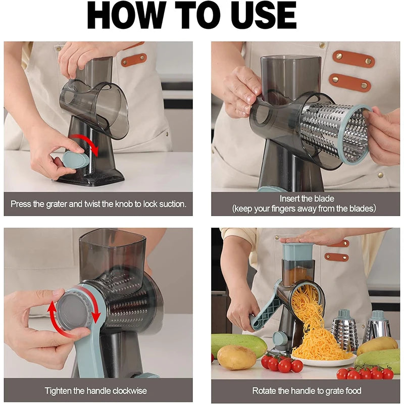 3‑in‑1 Rotary Cheese Grater – Manual Vegetable Slicer & Nut Grinder with Clear Hopper