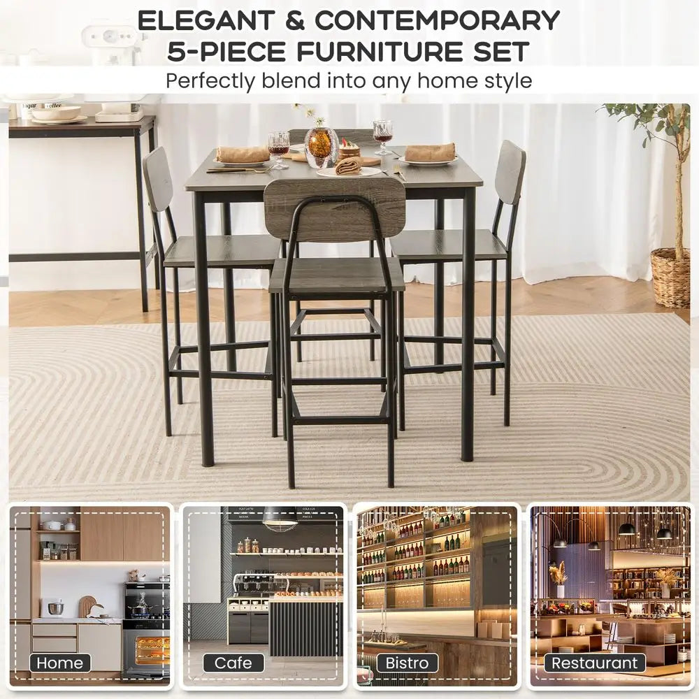 5Piece Dining Table Set with Counter Height Table, 4 Bar Stools