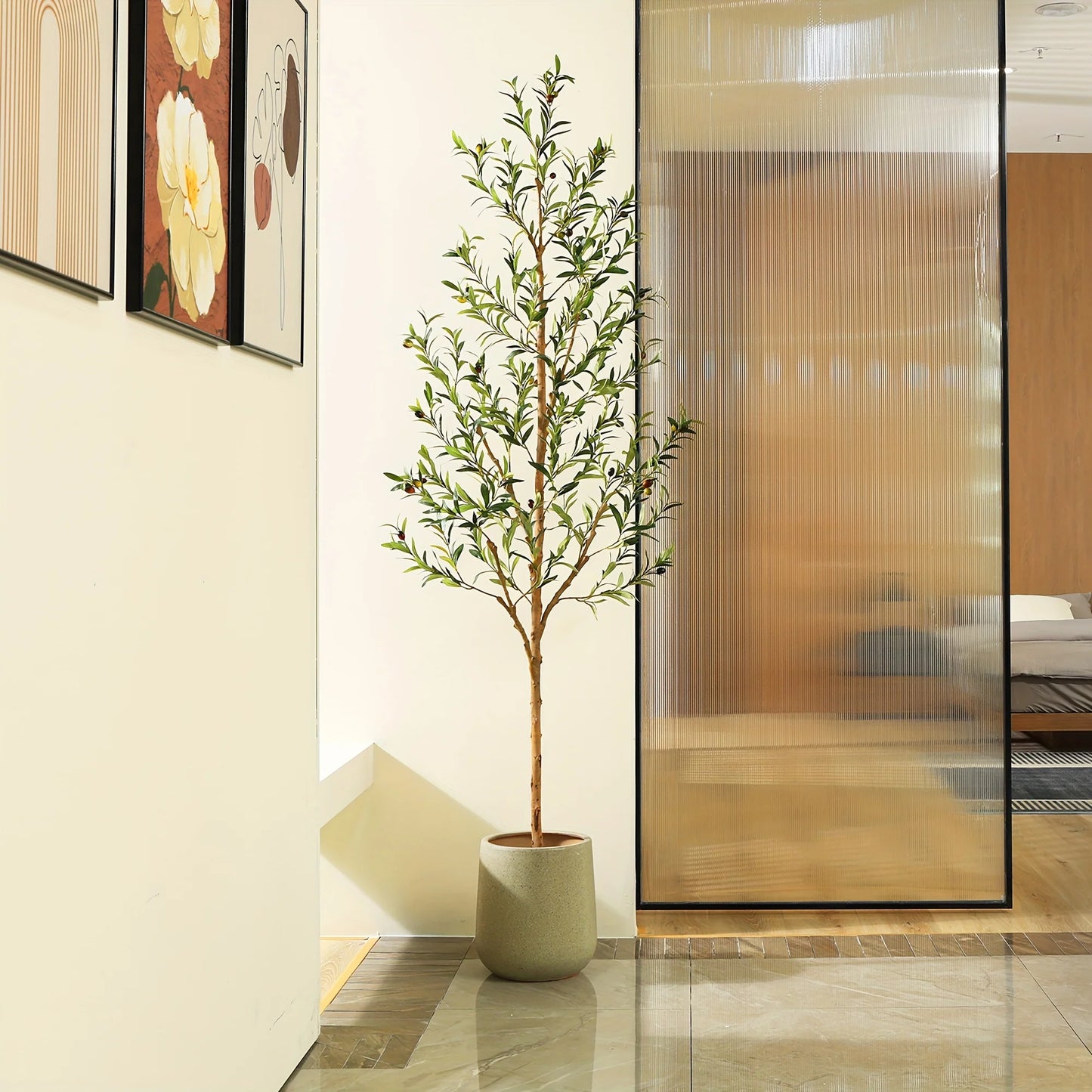 Artificial Olive Tree – Potted Faux Silk Plant with Natural Wood Trunk & Lifelike Olives for Home or Office