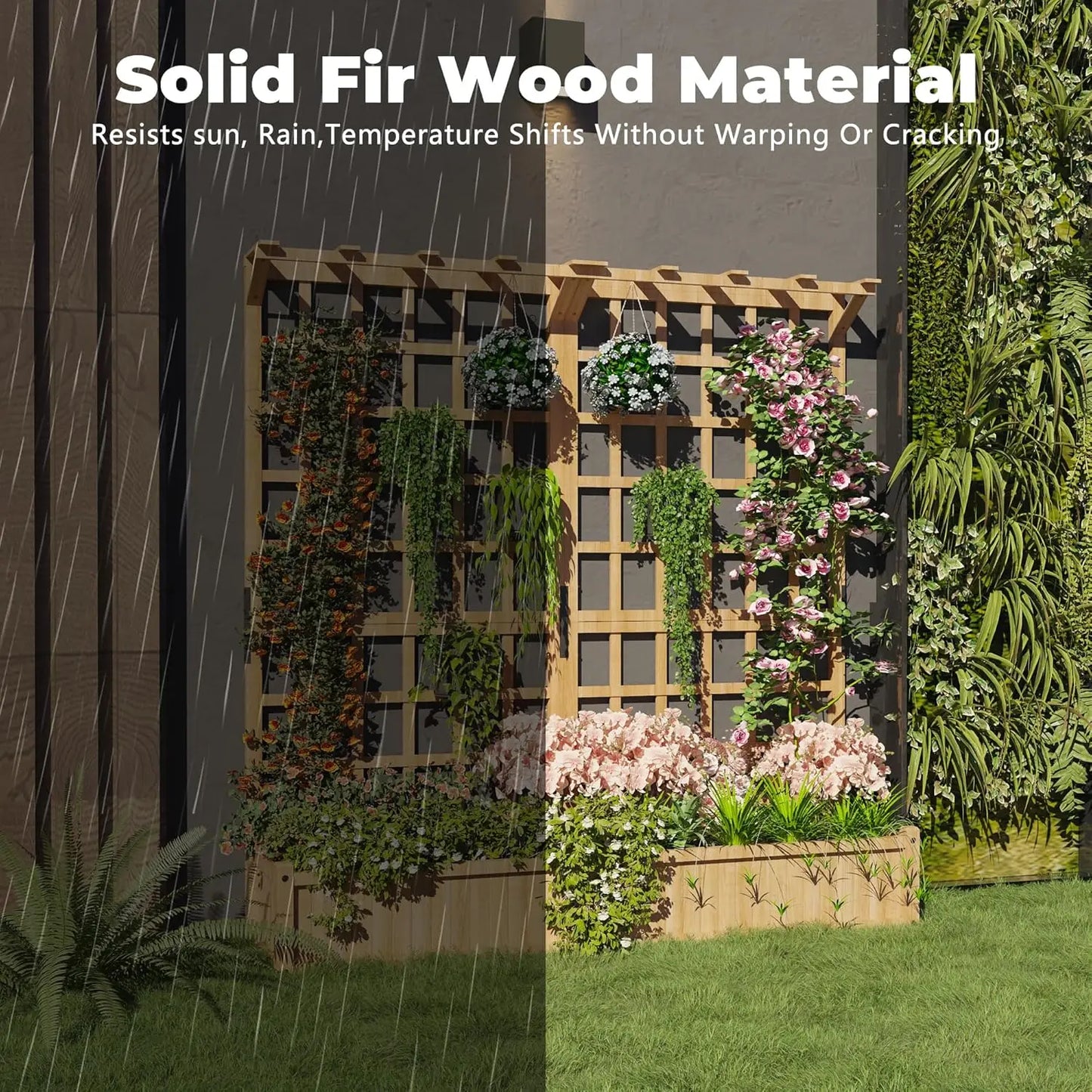 Large Raised Garden Bed with Lattice Trellis for Vine Climbing& Hanging Roof With 8 Drainage Holes