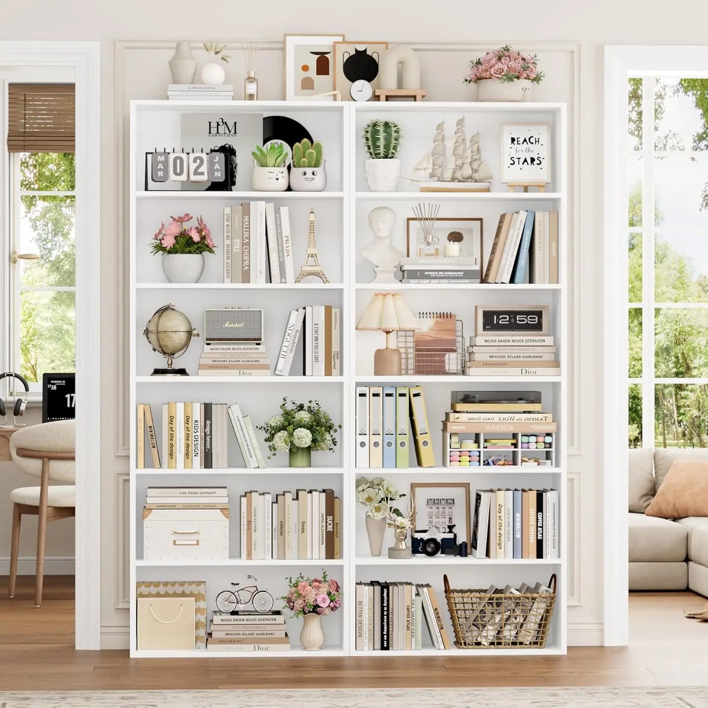 6-Tier Freestanding Open Bookcase Set | 2-Pack Tall Display Storage Shelves
