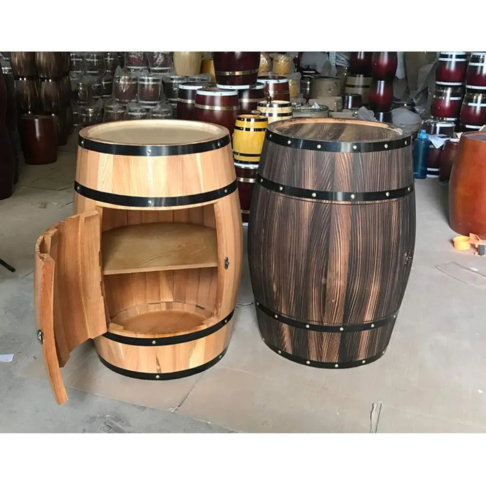 Solid Wood Oak Barrel Wine Cabinet with Locking Door - Decorative Barrel Display - Natural Wood Storage - Perfect Wine Cellar