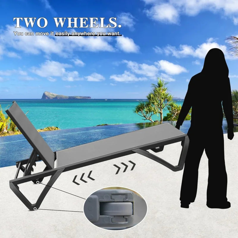Lounge Chairs Set of 2, Aluminum Adjustable Outdoor Chaise Lounge with Wheels, All Weather