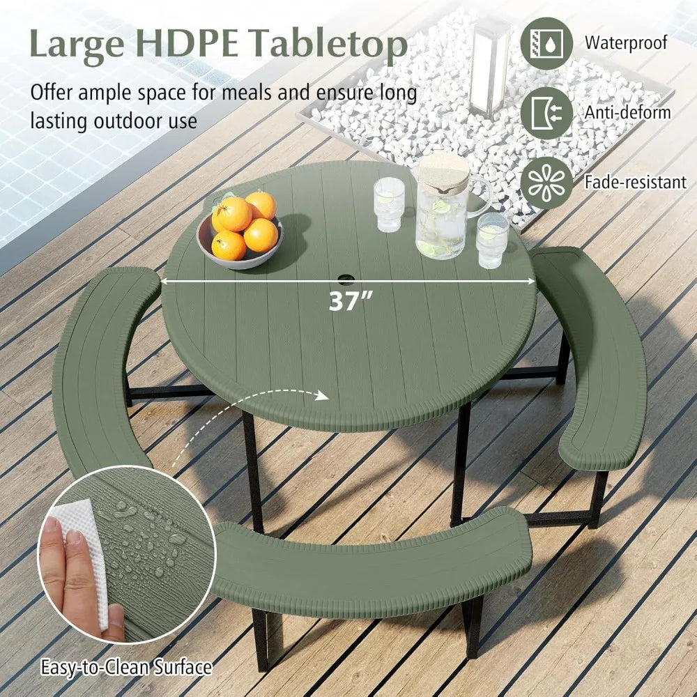 37" Round Picnic Table & Chair Set – Seats 4–8, Outdoor Table with Umbrella Holes