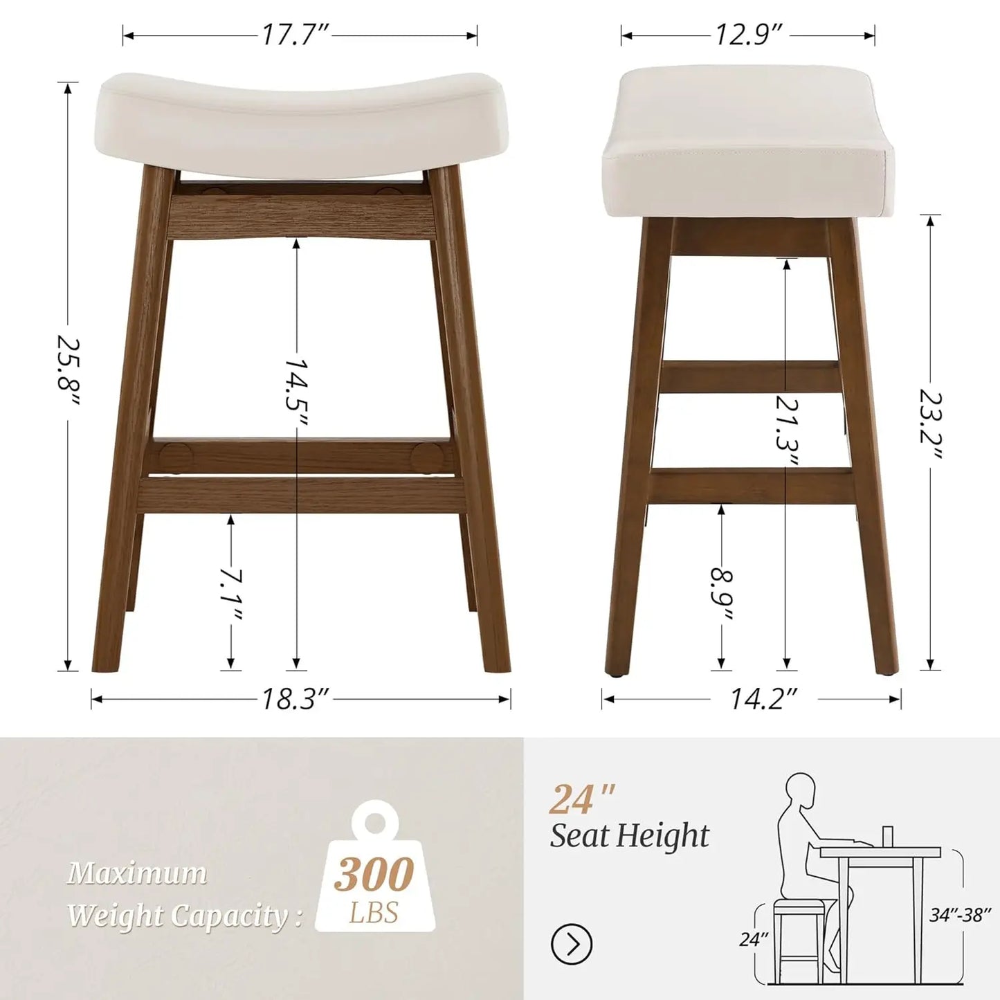 Set of 3 Barstools with Sturdy Wood Legs, Saddle Seat