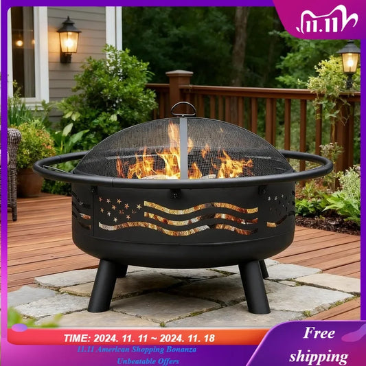 32" American Flag Fire Pit – Round Metal Wood‑Burning Firepit with Mesh Cover & Poker