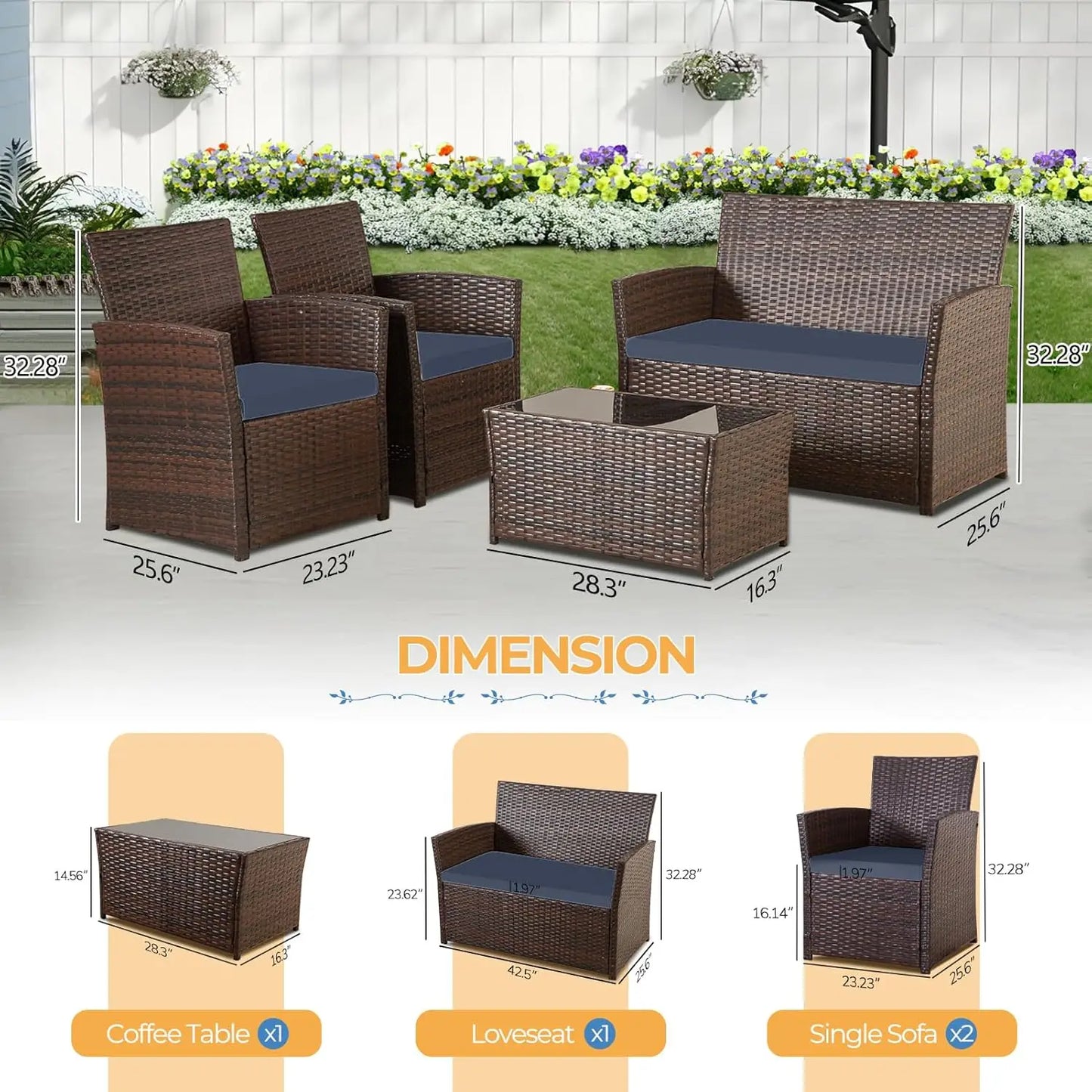 4‑Piece Outdoor Patio Furniture Set – Rattan Sofa, Chairs & Coffee Table