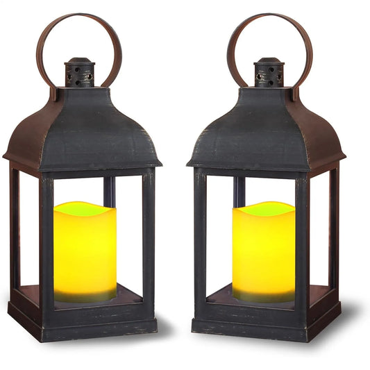 2‑Pack Decorative Lanterns with Flameless LED Candles – 6H Timer, Indoor/Outdoor Bronze (4×9")