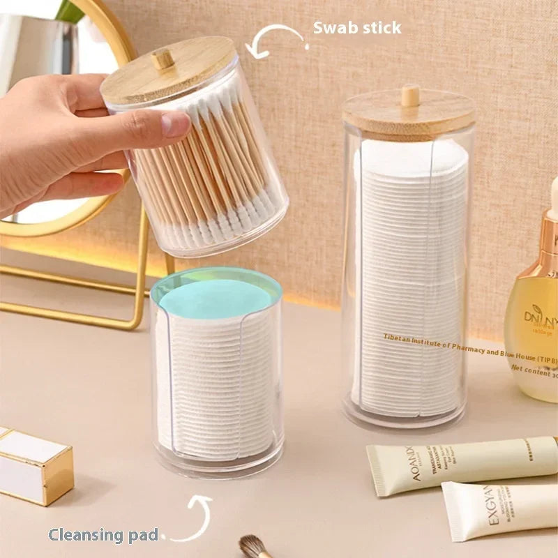 Storage Box and Jar Organizer, Cotton Balls, Cotton Round Pad Holder, Q-tip Dispenser with Bamboo Lid
