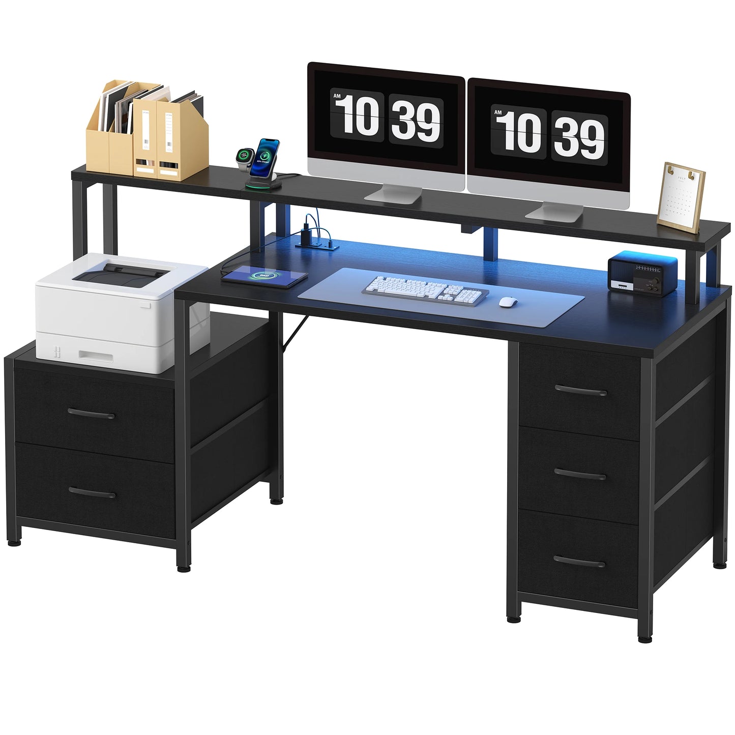 67" Gaming Computer Desk with 5 Drawers – Wood Office Desk with LED Lights & Built‑In Power Outlets