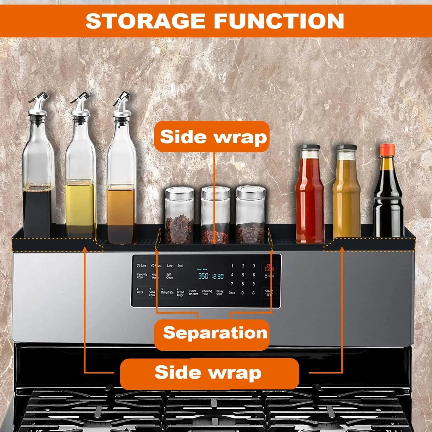 Magnetic Stove Top Shelf with 3 Partitions, Silicone Material for Kitchen Spice Rack Organizer in Black