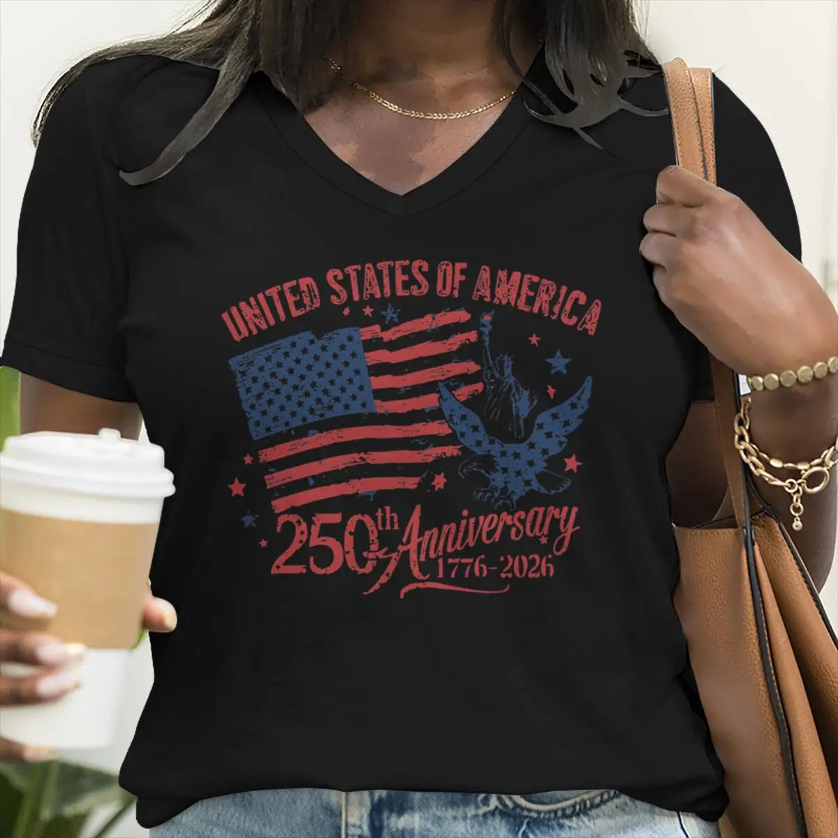 4th of July V-neck T-Shirt Women Clothing America 250th Anniversary Graphic T Shirt 1776-2026 USA 250th Birthday Tops