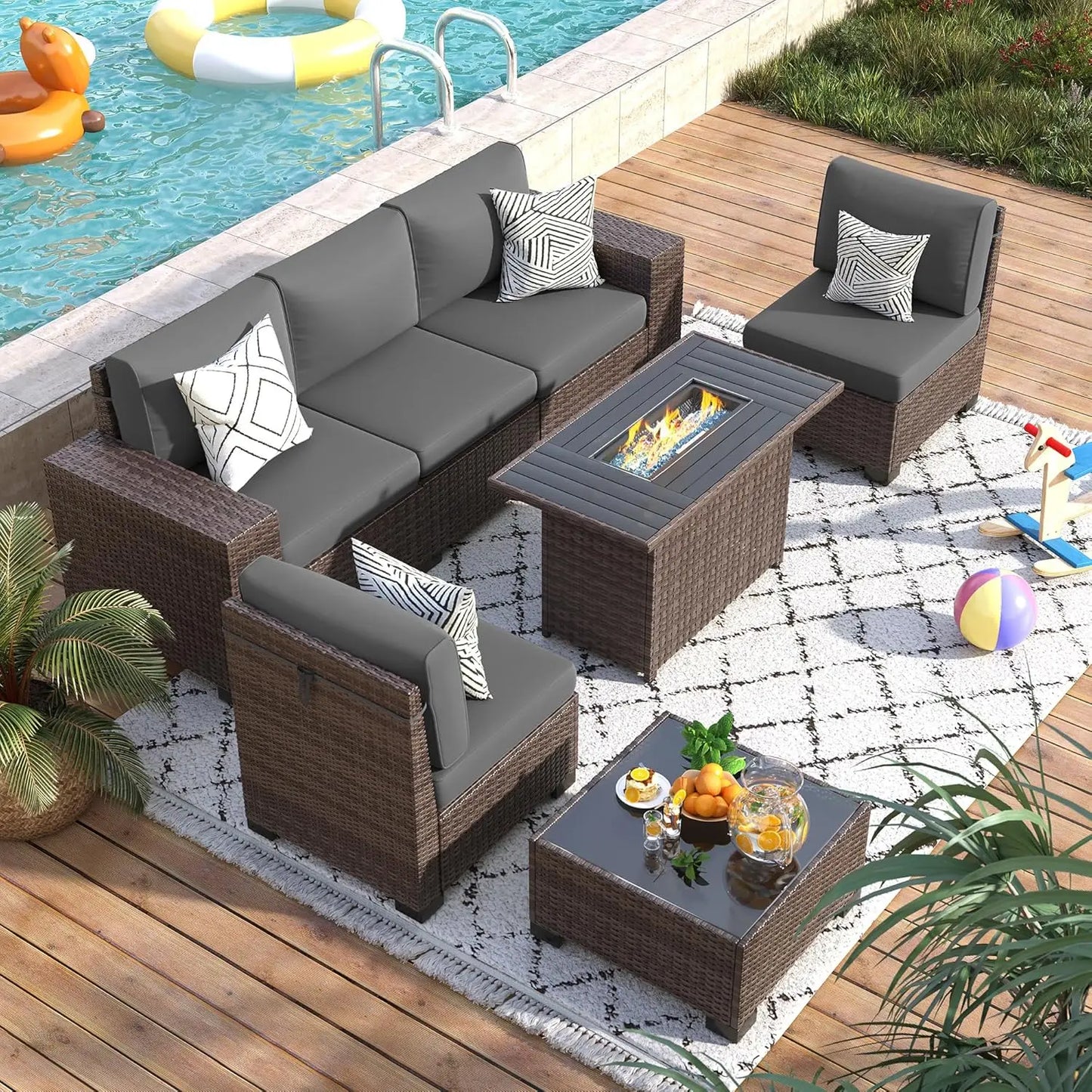 7‑Piece Patio Furniture Set with Fire Pit Table – Wicker Rattan Outdoor Sectional Conversation Set