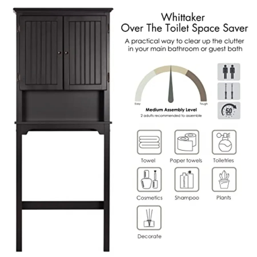 Bathroom Over The Toilet Cabinet Organizer with Adjustable Shelves and Double Doors, Espresso