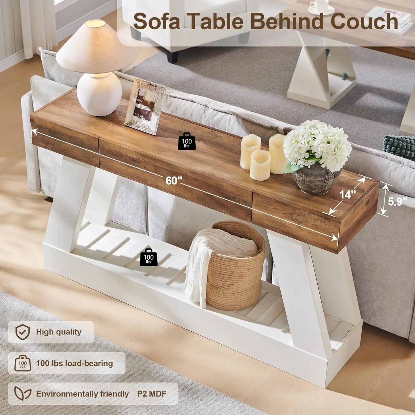 60" Farmhouse Entryway Table with Drawer, Console Table Behind Sofa