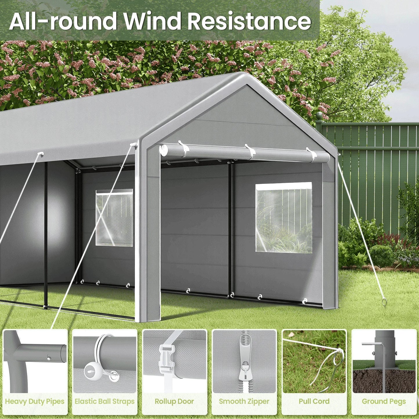 Carport 10x20 Ft, Heavy Duty Car Canopy with Reinforced Ground Bar, Portable Garage with Roll-up Windows and Removable Sidewalls