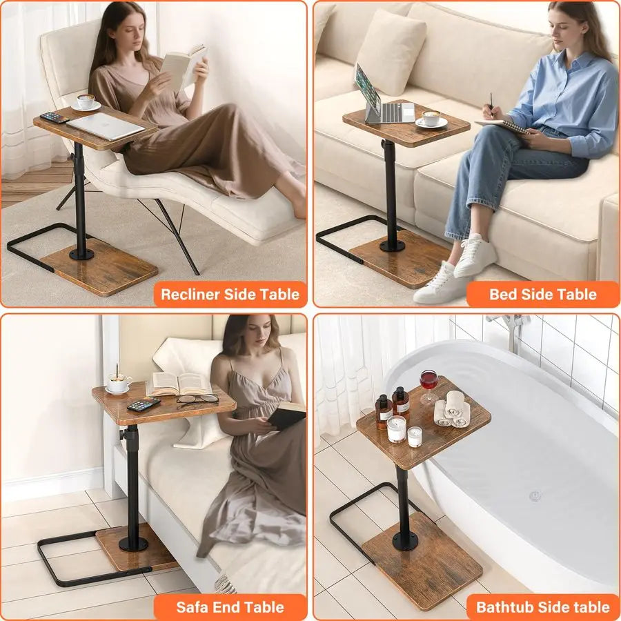 Adjustable Couch Tray Table – Height‑Adjustable with 360° Swivel Panel and Anti‑Slip Metal/Wood Base