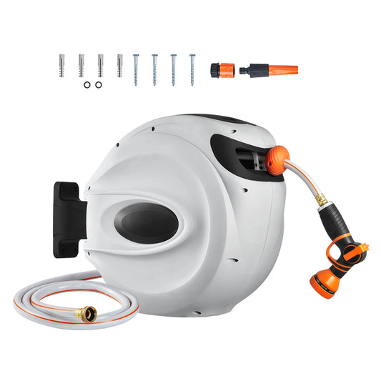 Retractable Hose Reel 180° Swivel Bracket Wall-Mounted Garden Water Hose Reel with 9-Pattern Nozzle Automatic Rewind