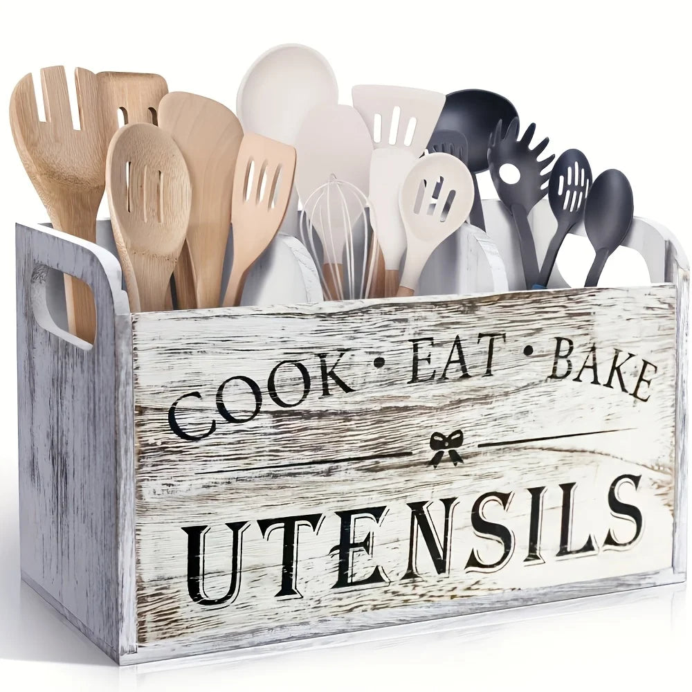 Solid Wood Kitchen Utensil Holder with Divider T