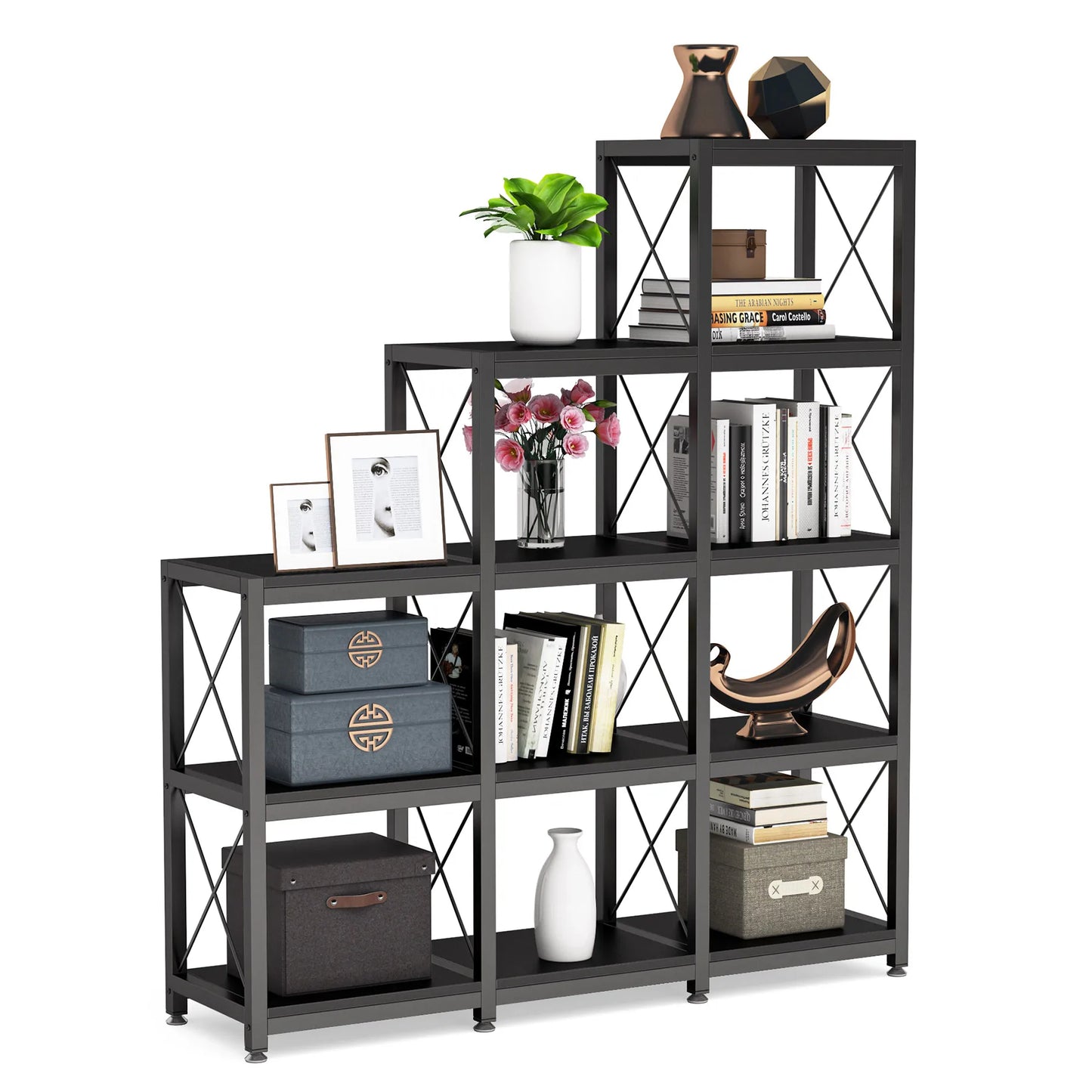 9-Cube Stepped Etagere Bookshelf | 12-Shelf Industrial Ladder Bookcase