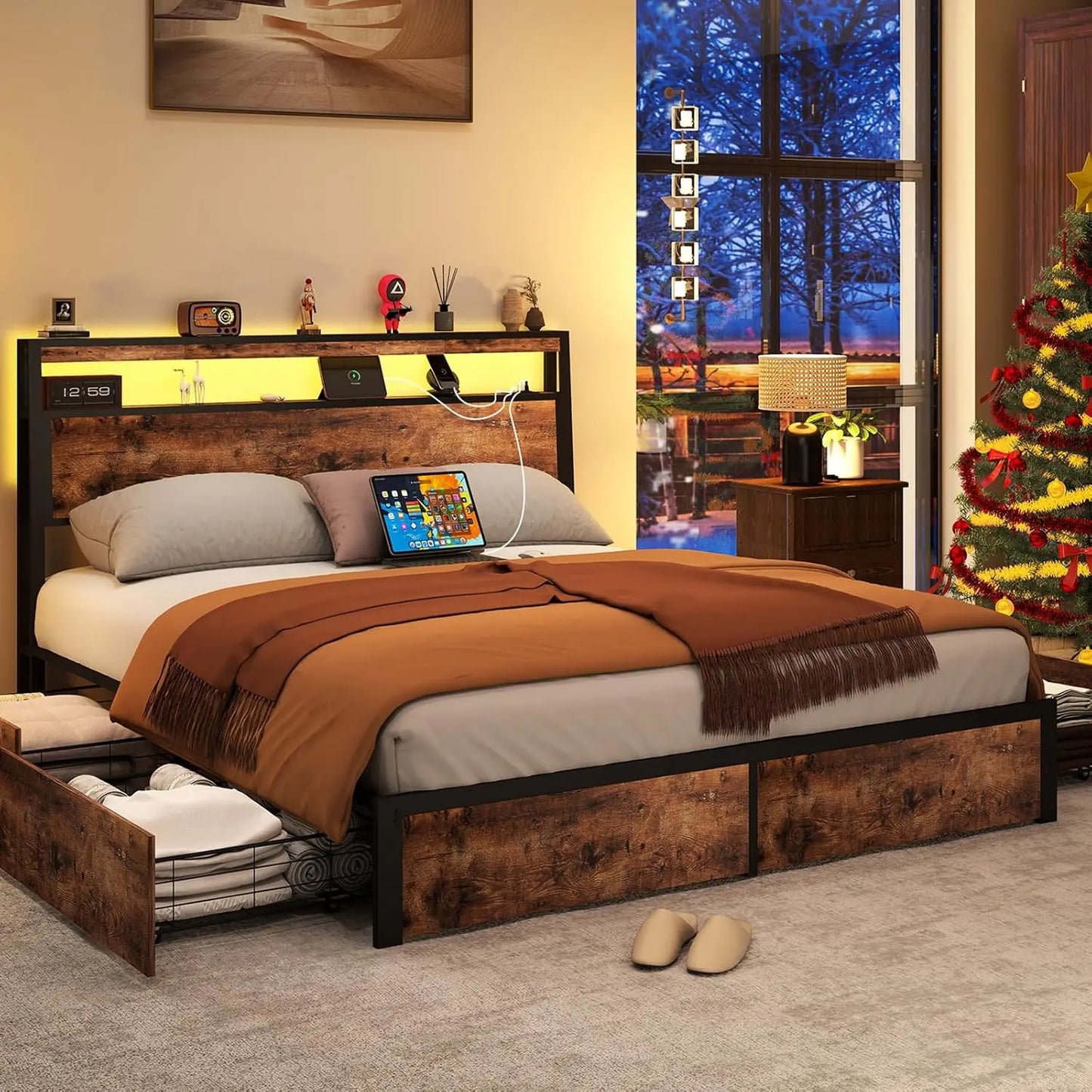 Queen Bed Frame with Storage Headboard and 4 Drawers, Metal Platform