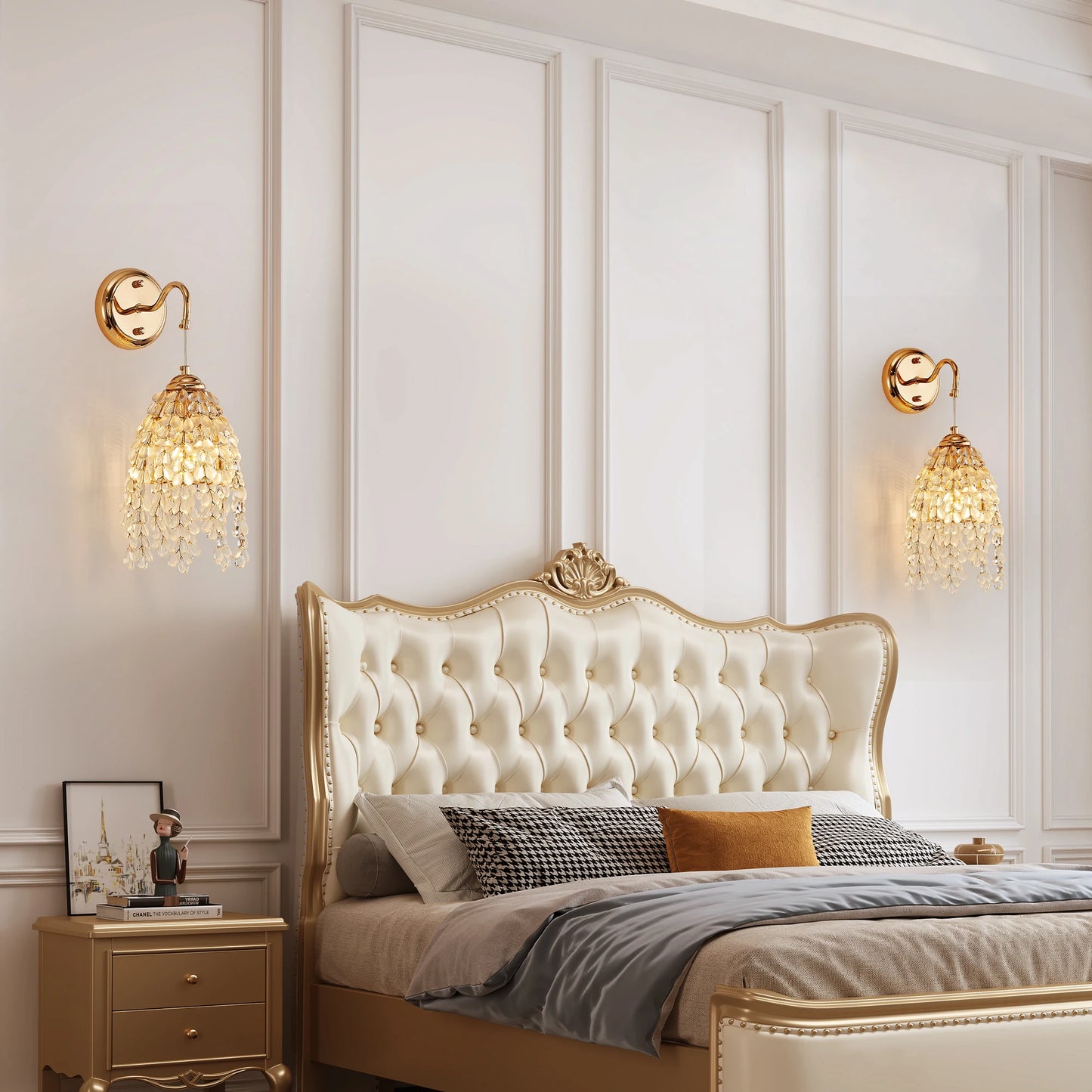 Two-piece wall lamp set with gold-framed grape-shaped crystal bead string