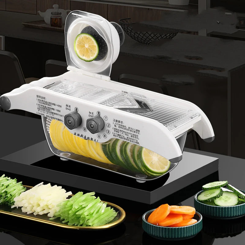 Adjustable Vegetable Slicer – Multi‑Blade Food Cutter & Julienne Machine with Drain Basket