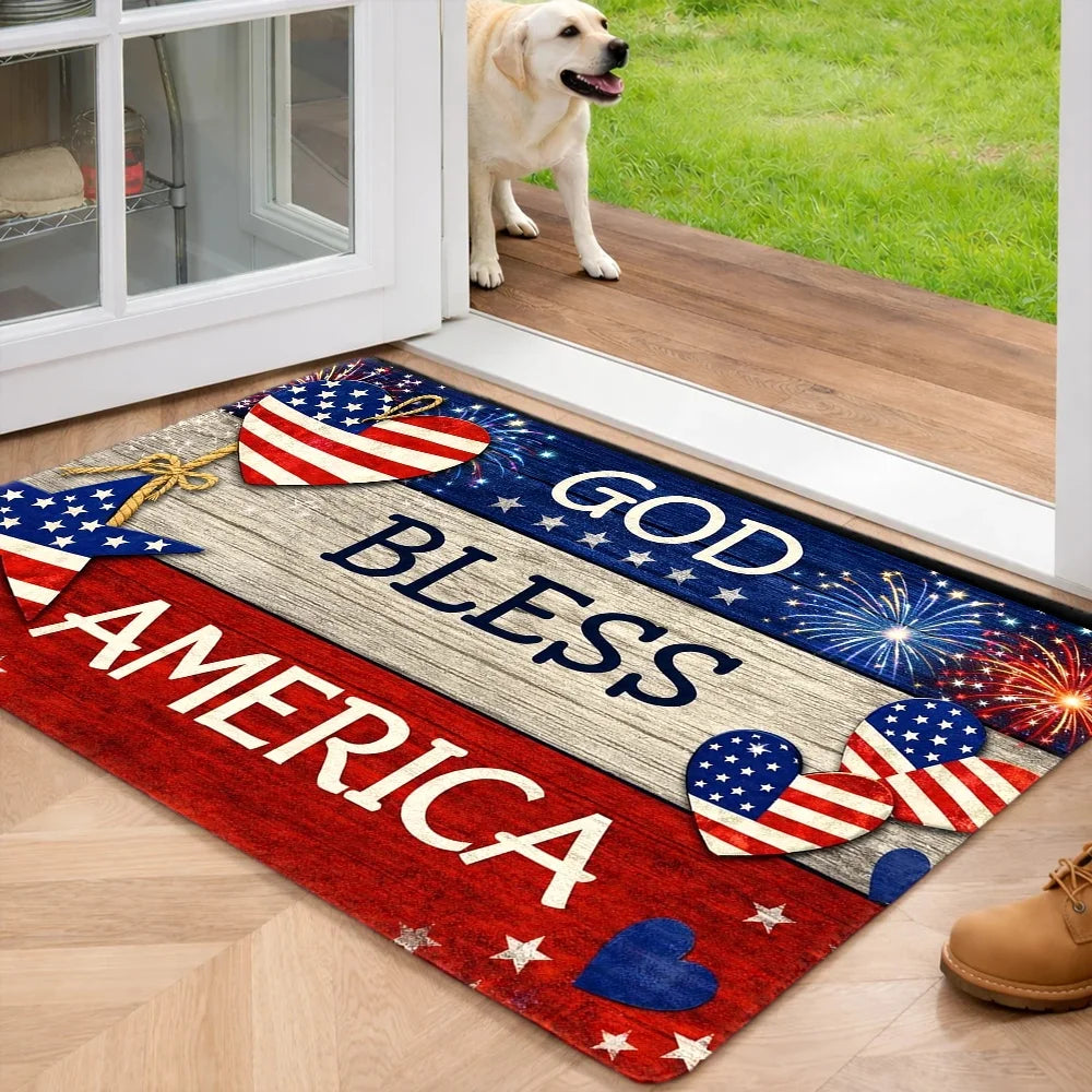 God Bless America Independence Day Doormat American Flag Heart Star Non Slip Wear Resistant Indoor Outdoor Entrance Rug