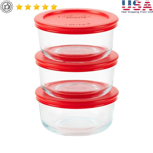 Set of 3 Round Glass Food Storage Containers with Airtight Lids ,Heat Resistant, Dishwasher Safe, for Meal Prep and food Storage