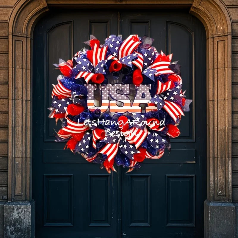 24" Patriotic Wreath – Red, White & Blue USA Flag Design with Stars, Stripes & Lettering