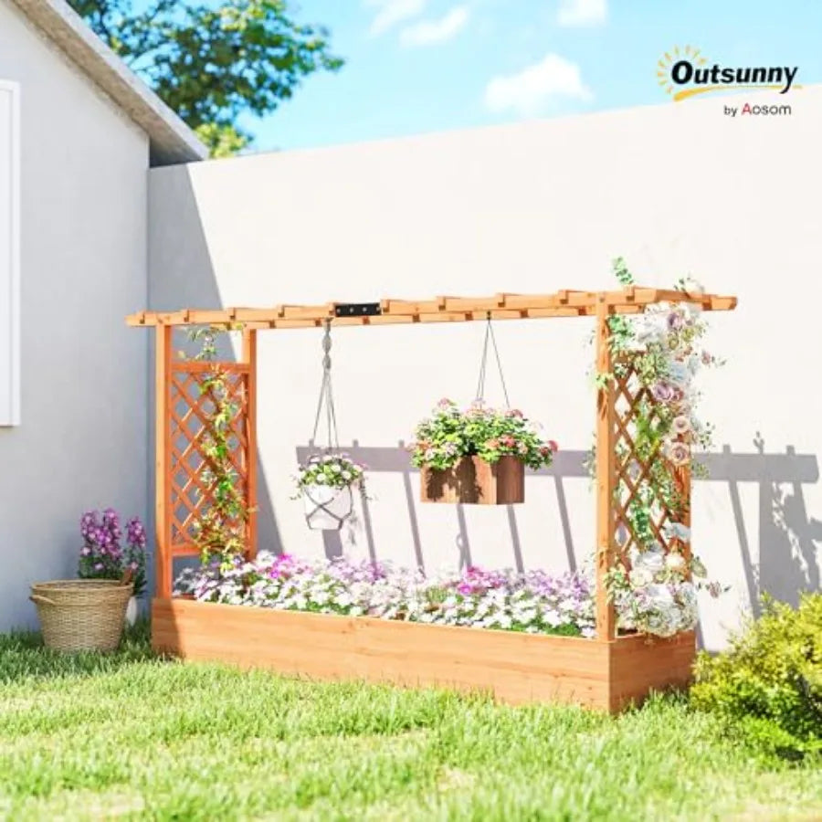 Raised Garden Bed with Trellis, Wooden Planter Box with Hanging Roof and Drainage Holes Outdoor Trellis Planter for Climbing Plants