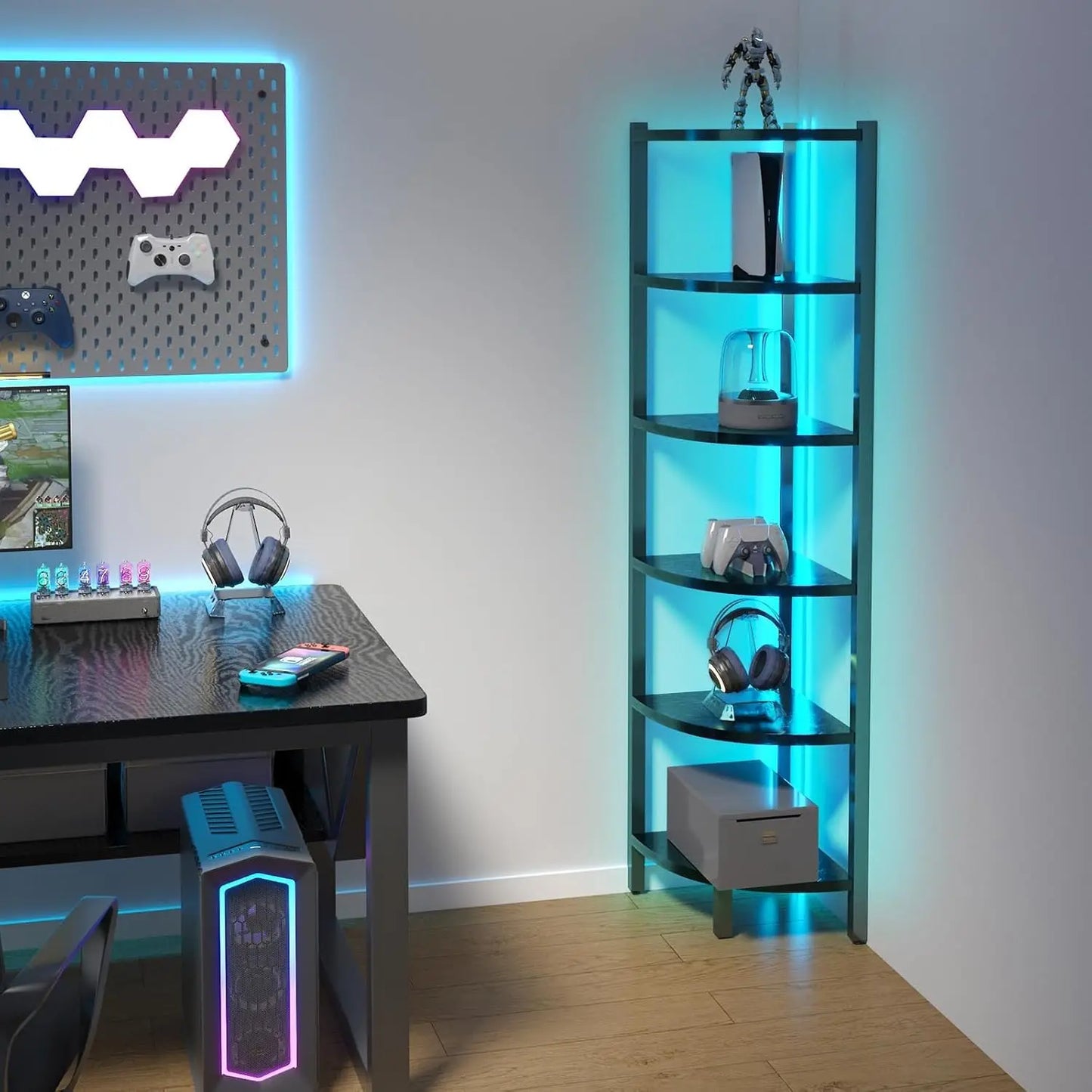 6-Tier Corner Shelf with LED Lights | Premium Steel Frame Display Stand (Black)