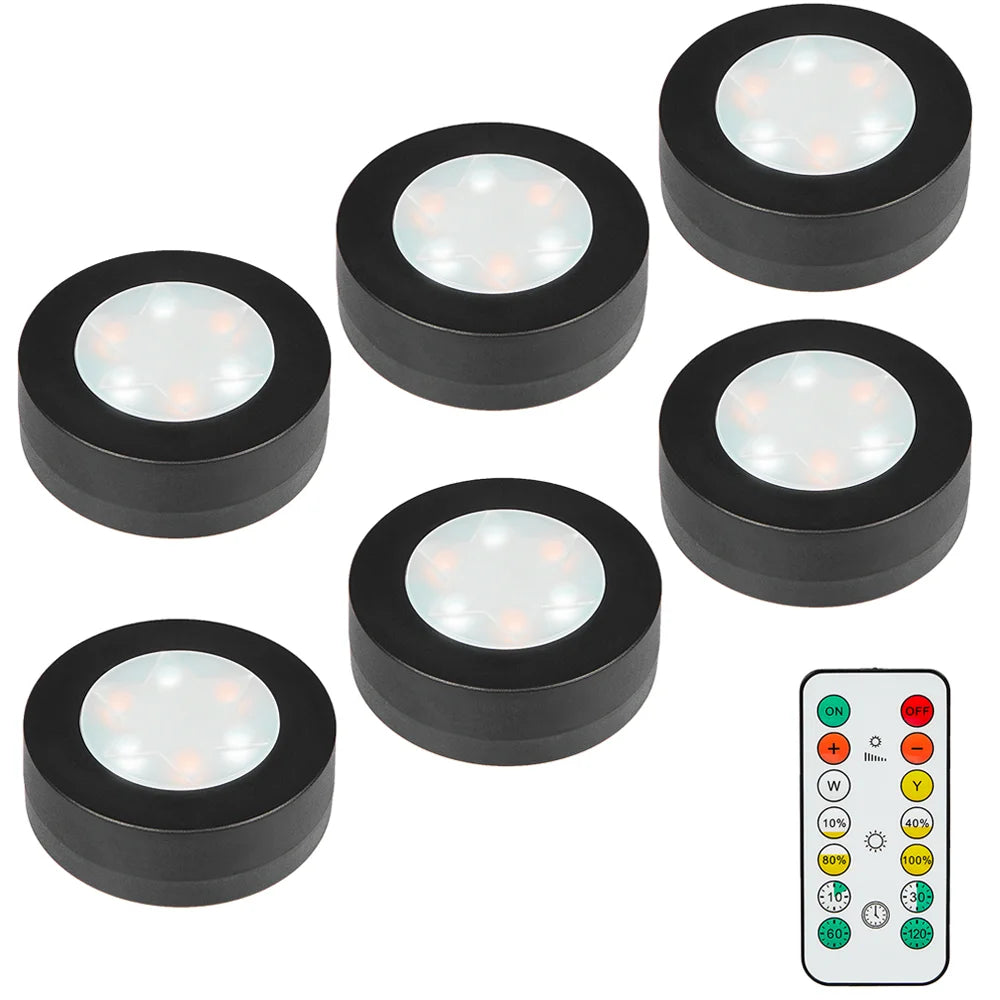 6-Pcs Black Round LED Under Cabinet Closet Light, Dimmable, Remote Control
