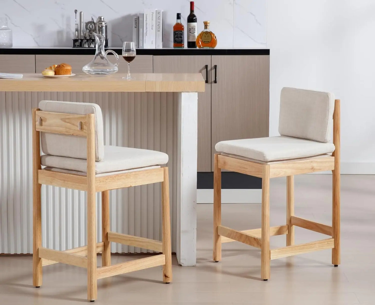 Counter Height Bar Stools, Set of 4 Stools with Back Natural Wood