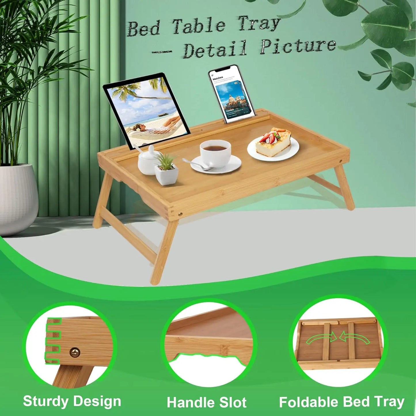 Foldable Bamboo Bed Tray Table with Media Slot – Breakfast Serving Tray for Bed, Couch & Kitchen