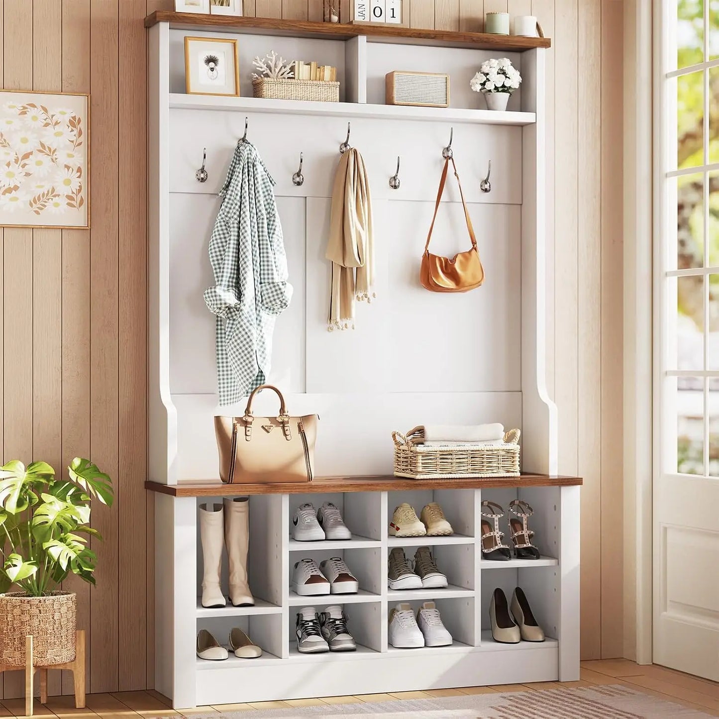Hall Tree with Bench and Shoe Storage, 3-in-1 Entryway Bench