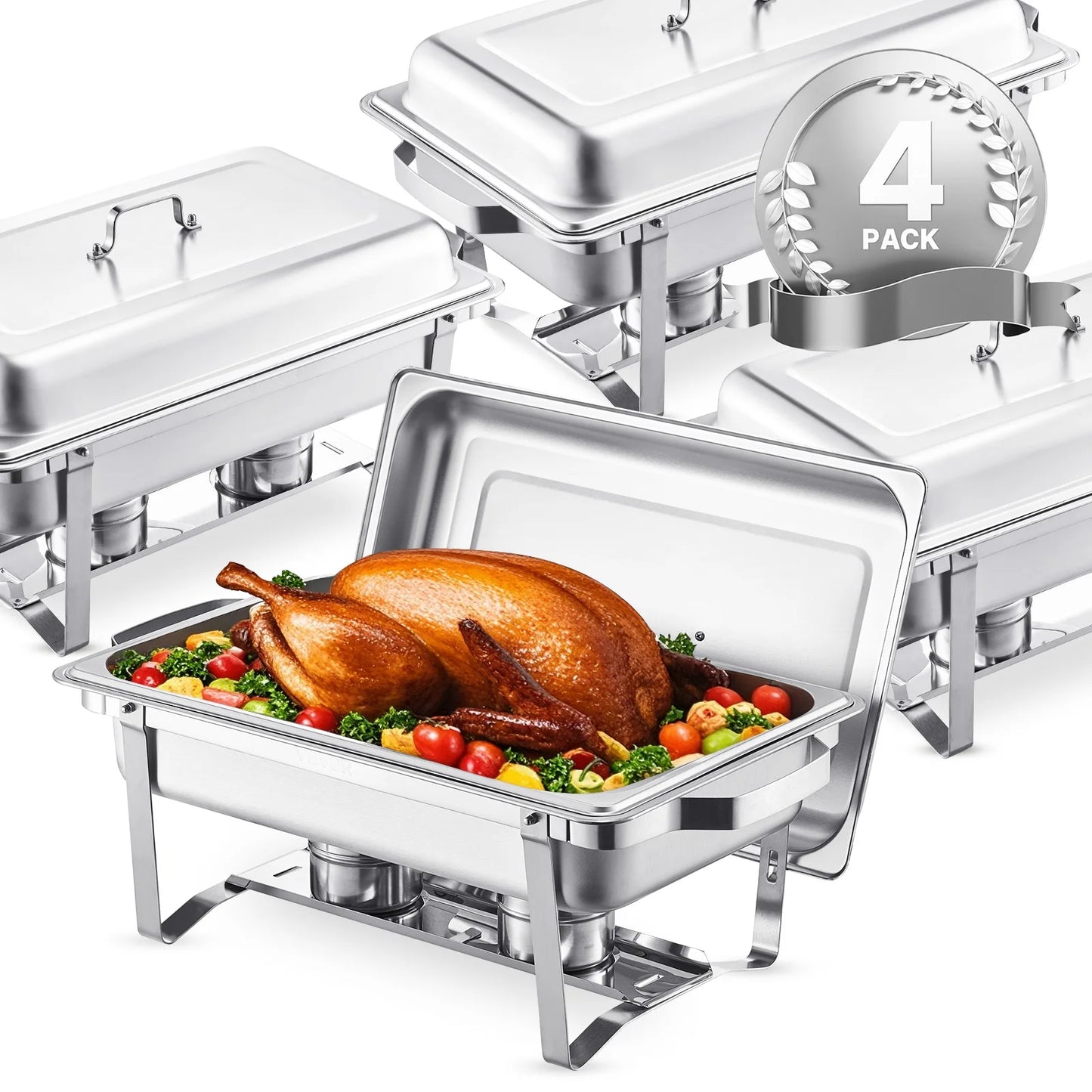 8 Qt Chafing Dish Buffet Set – 4‑Pack Stainless Steel Chafers with 2 Full‑Size & 4 Half‑Size Pans