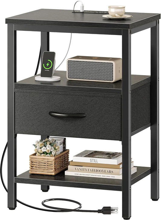 3-Tier Nightstand with Charging Station, Black