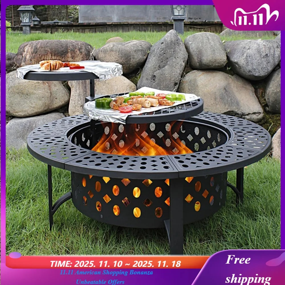 36" Fire Pit with 2 Grills, Wood Burning Fire Pits for Outside with Lid, Poker and Round Waterproof Cover, BBQ& Outdoor Fire