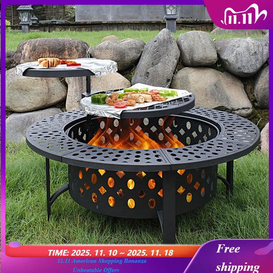 36" Fire Pit with 2 Grills, Wood Burning Fire Pits for Outside with Lid, Poker and Round Waterproof Cover for BBQ & Outdoor Fire