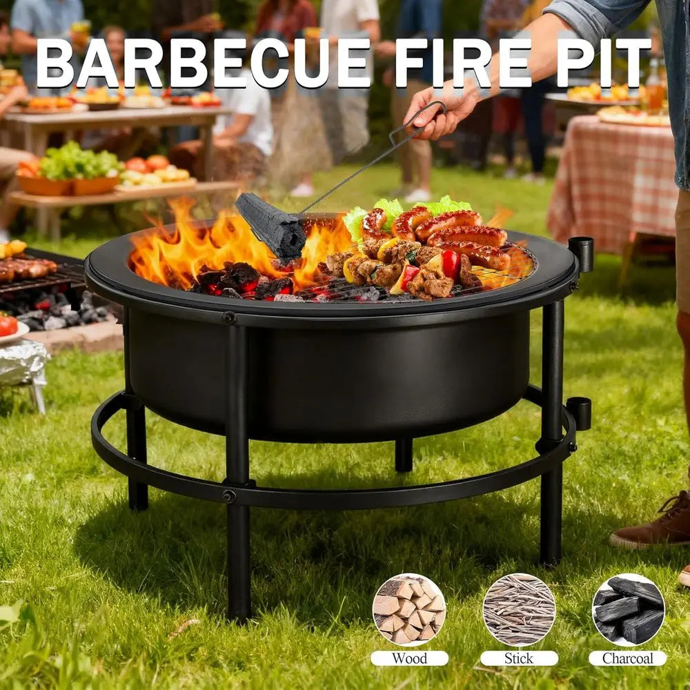 52" Fire Pits for Outside Wood Burning with Roating Table and BBQ Grill